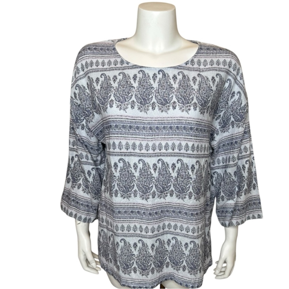 Pure Jill Floral Striped Top Tunic M Pulloverr 3/4 Sleeve Gray
